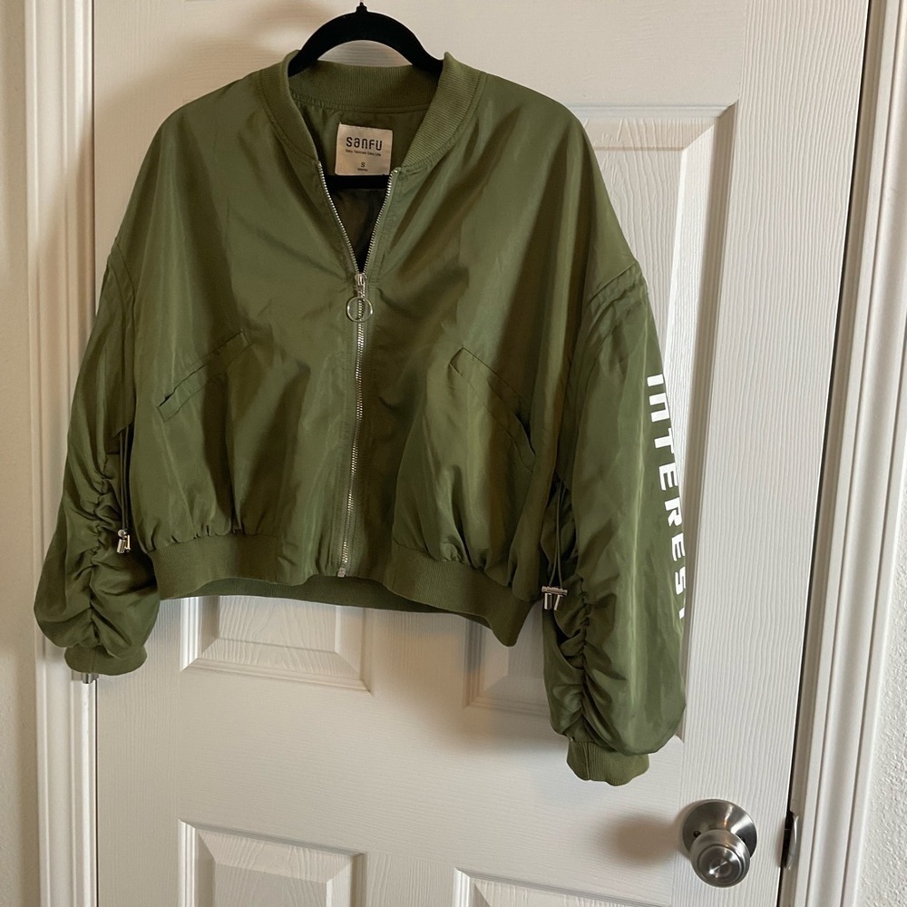Sanfu Olive Green Cropped Bomber Jacket – Ruched Toggle Sleeves – Size S - Picture 11 of 12